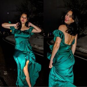 Elegant Green Ruffle Evening Dress